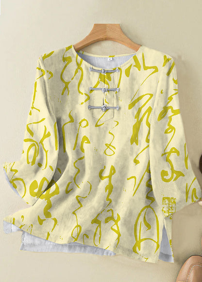 Grace Style Yellow Text O-neck Print Oriental Button Side Open Linen Shirt Top Bracelet Sleeve