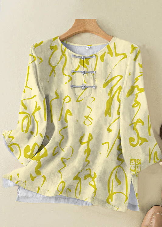 Grace Style Yellow Text O-neck Print Oriental Button Side Open Linen Shirt Top Bracelet Sleeve