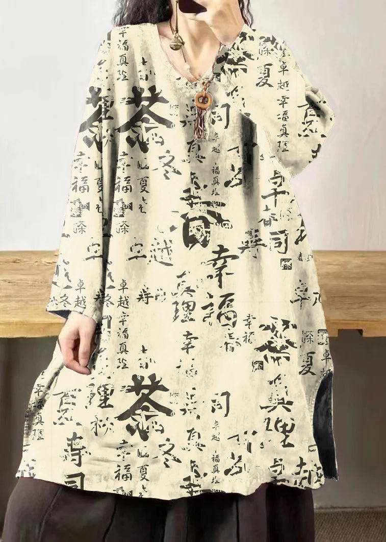 Yellow Flower V Neck Embroidered Patchwork Linen Mid Dresses Fall