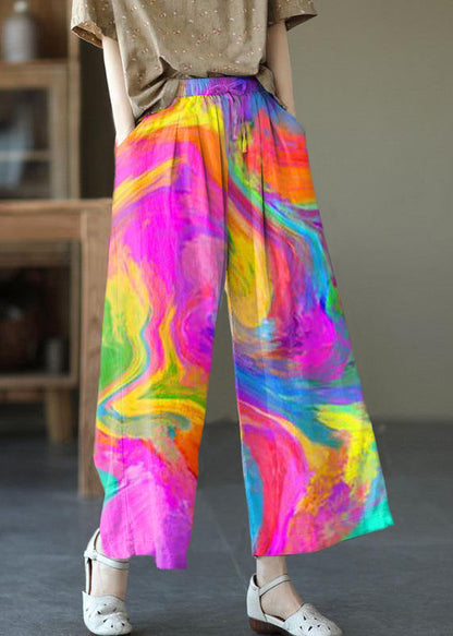 Beige Elastic Waist Tie Waist Wide Leg Pants Linen