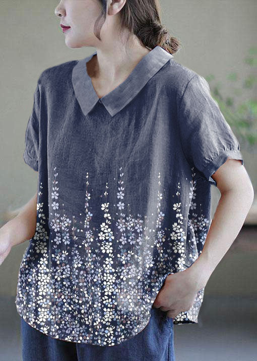 Pink Peter Pan Collar Patchwork Summer Ramie Shirts Short Sleeve