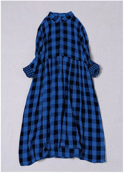 Blue White Plaid Peterpan Collar Pockets Button Fall Patchwork Dresses