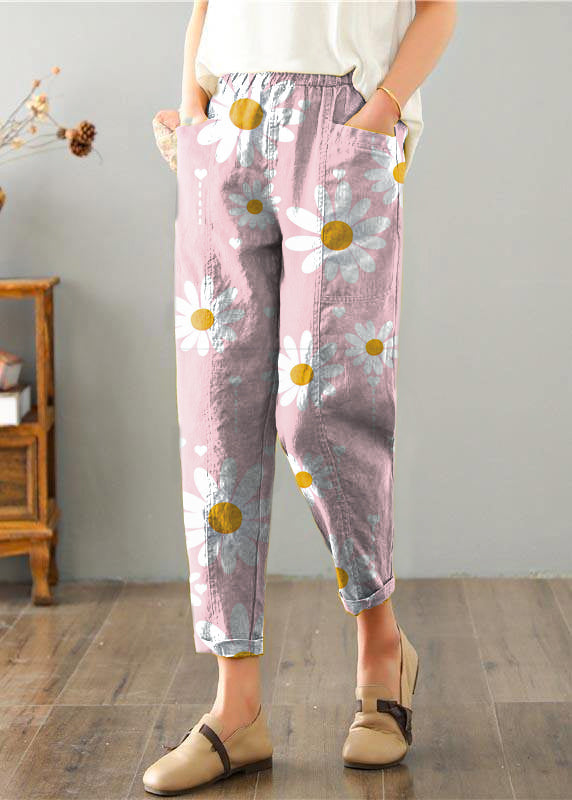 Natural Brown-red Geometry Pockets Cotton Linen Pants Summer