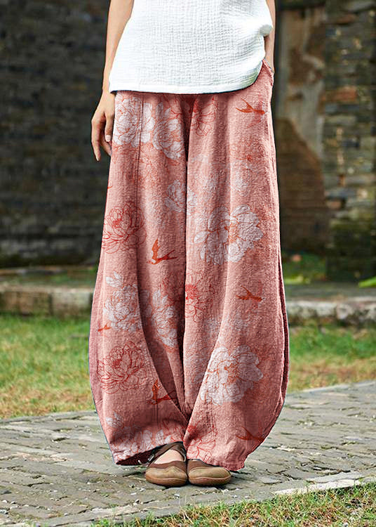 Cotton and Linen Chinese Style Ramie Wild Pants Yoga Pink-flower Pants
