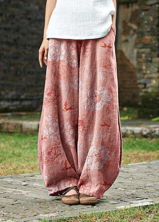 Cotton and Linen Chinese Style Ramie Wild Pants Yoga Pink-flower Pants