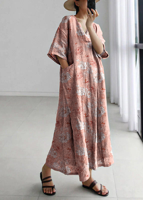 Grey Peter Pan Collar Pockets Linen Long Dresses Short Sleeve
