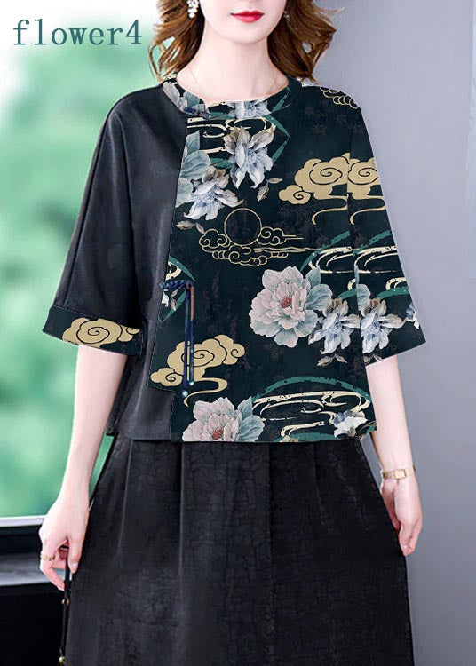 Flower3 O-Neck Print Patchwork Top Bracelet Sleeve