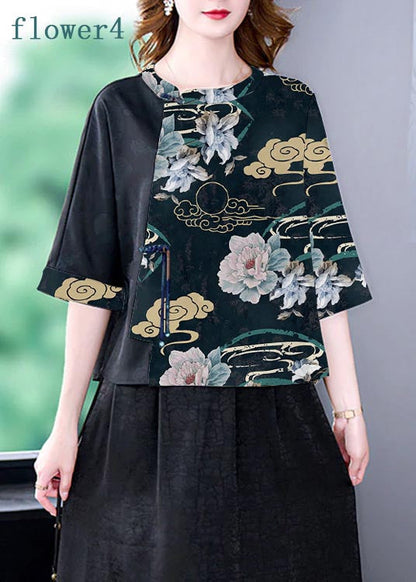 Flower2 O-Neck Print Patchwork Top Bracelet Sleeve