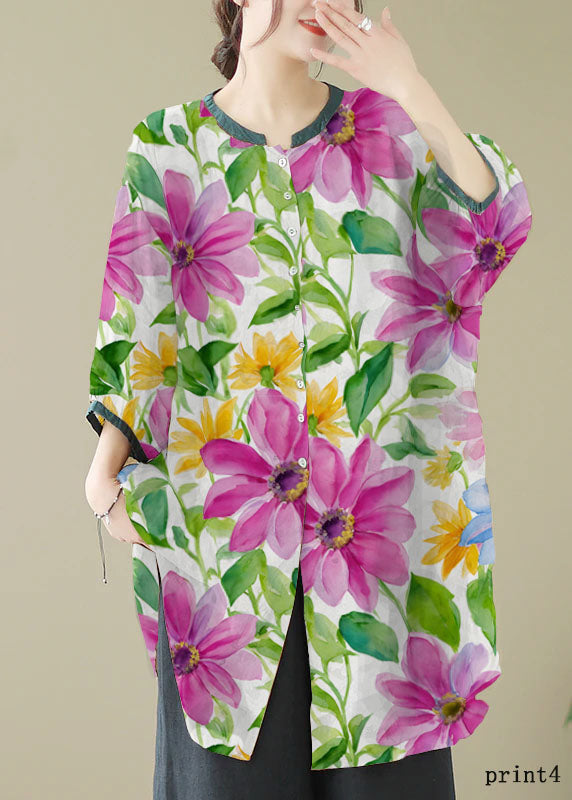 Retro Purple Flower Print5 Pockets Linen Skirt Summer