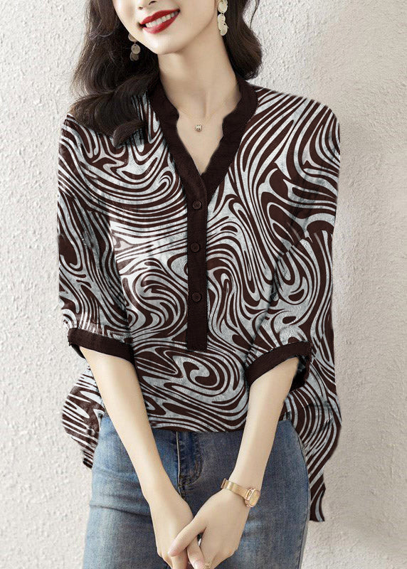 Yellow Cashew Nuts V Neck Print Button Silk Top Half Sleeve