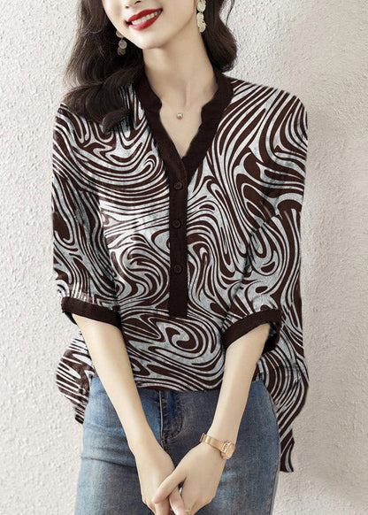 Black Flower V Neck Print Button Silk Top Half Sleeve