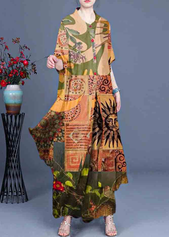 Summer Loose Silk Grey Flowers Print Coat + Two Piece Pants