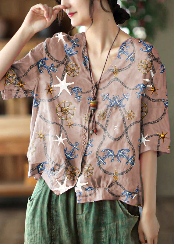 Italian Pink Geometry V Neck Print Button Linen Top Half Sleeve