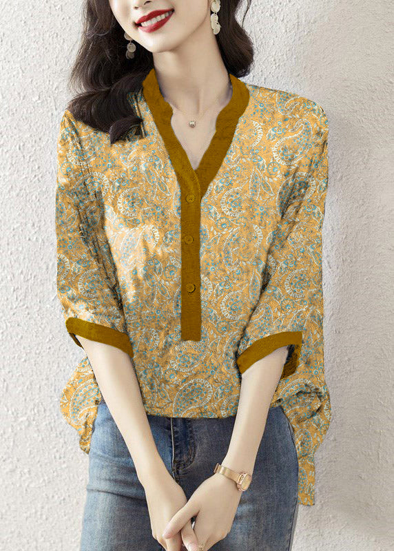 Yellow Cashew Nuts V Neck Print Button Silk Top Half Sleeve