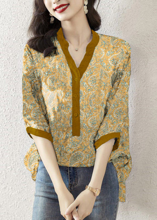 Yellow Cashew Nuts V Neck Print Button Silk Top Half Sleeve