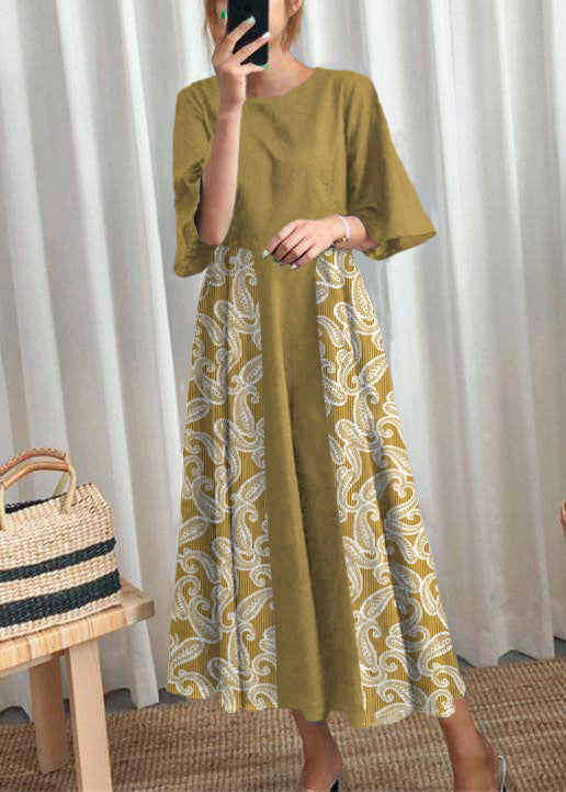 Navy Linen Cotton Quilting Clothes Flare Sleeve Bow Art Summer Dress