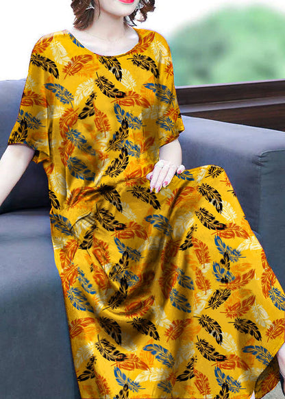 Green-flower Print Silk Long Dress Oversized Pockets Wrinkled Summer
