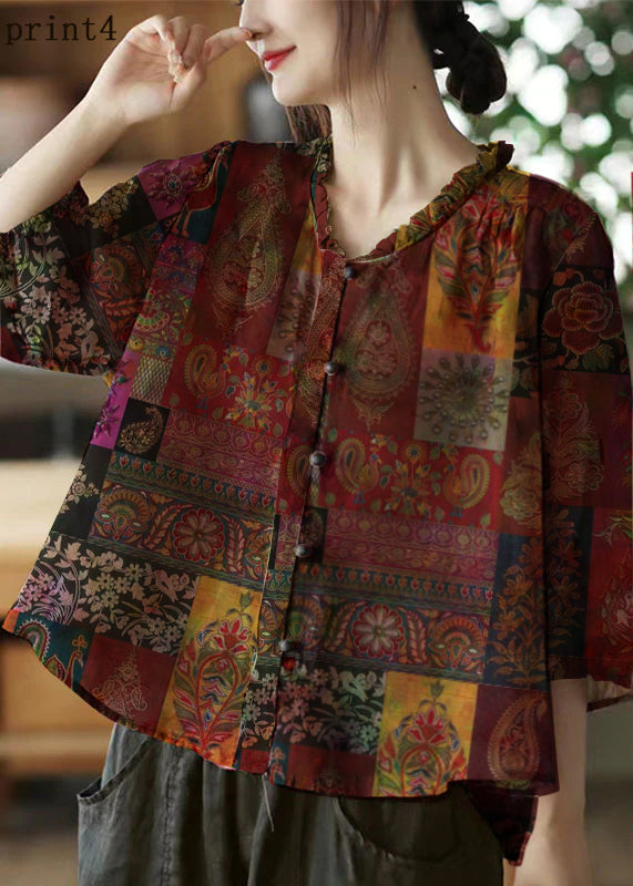 Pink V Neck Ruffled Print Linen Blouse Top Half Sleeve