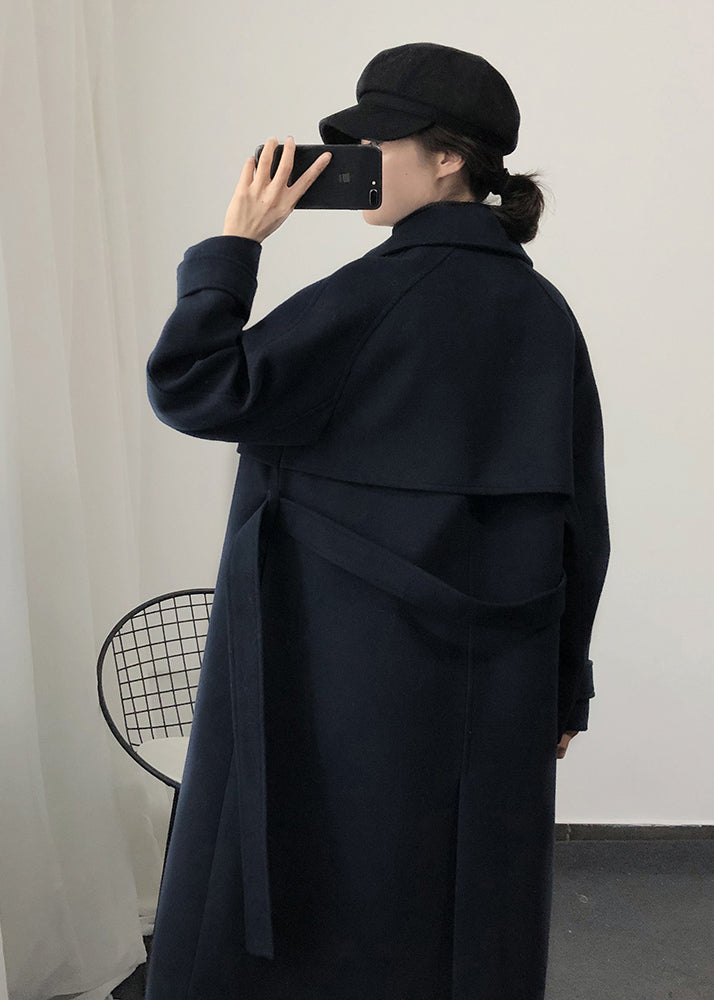 Loose Fitting Trench Coat Spring Navy Tie Waist Wool Coat