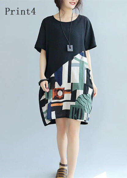 Fine Black Patchwork Linen Shift Dress Loose Fitting Cotton Clothing Dress Short Sleeve Wild Prints Knee Dresses