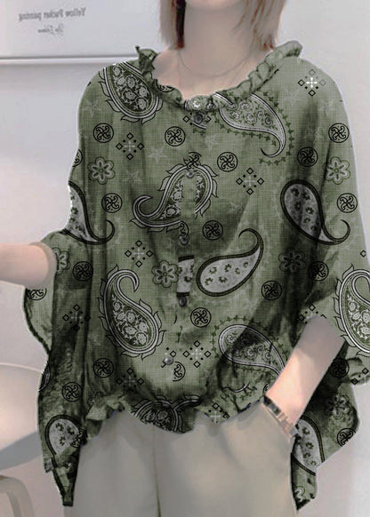 Art Green Print Tops Ruffles Trim Half Sleeve Shirts Blouse