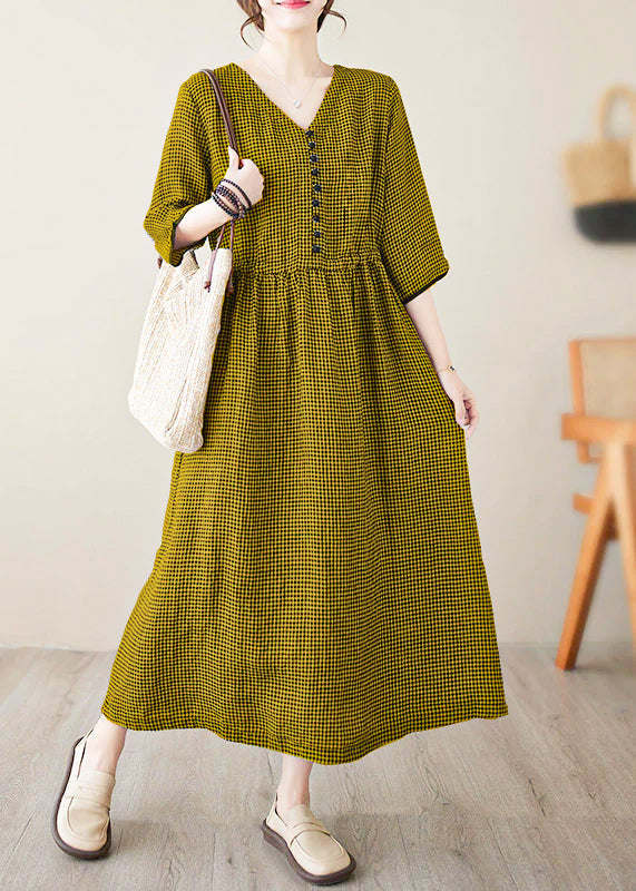 Dark Blue V Neck Plaid Patchwork Button Linen Maxi Dresses Summer