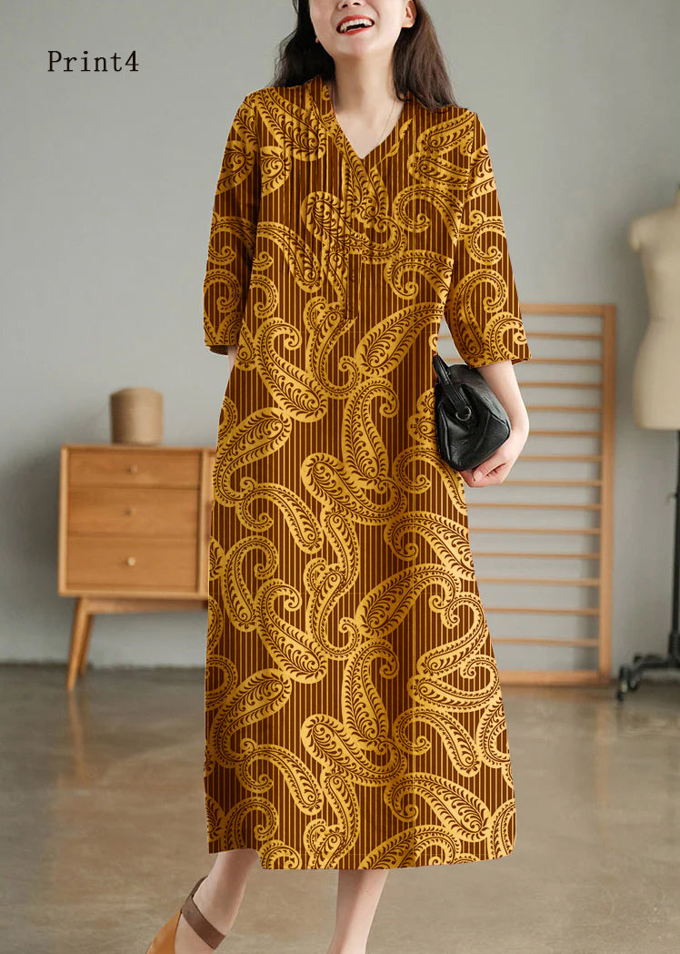 Grey Print6 Loose Linen Long Dresses Button Half Sleeve