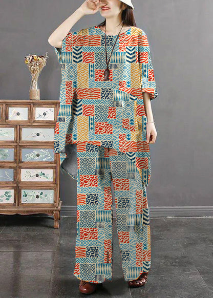 Geometric Print Pockets Patchwork Tops and Pants Cotton Two Pieces Set Summer