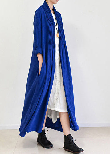 Royal Blue Linen Trench Coats Long Cotton Maxi Coats Fall Outfits