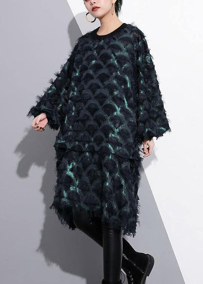 Green Midi-length Silk Polyester Dress Loose Fitting Shirt Dress New Tassel Long Sleeve Dresses