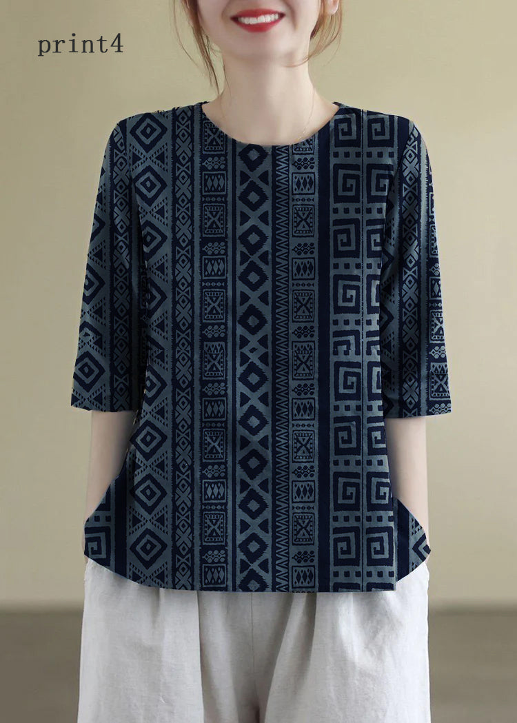 French Print1 O-neck Embroideried Cotton Blouses Half Sleeve