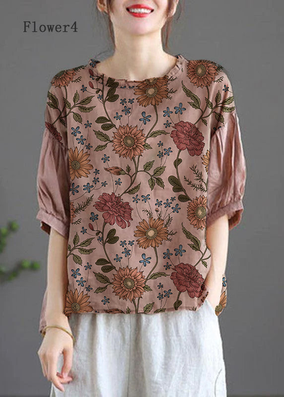 Modern Pink-flower3 Regular Embroideried Summer Half Sleeve
