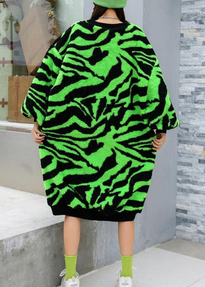 Comfy O Neck Thick Sweater Dress Outfit Green Striped Knitwear Dress