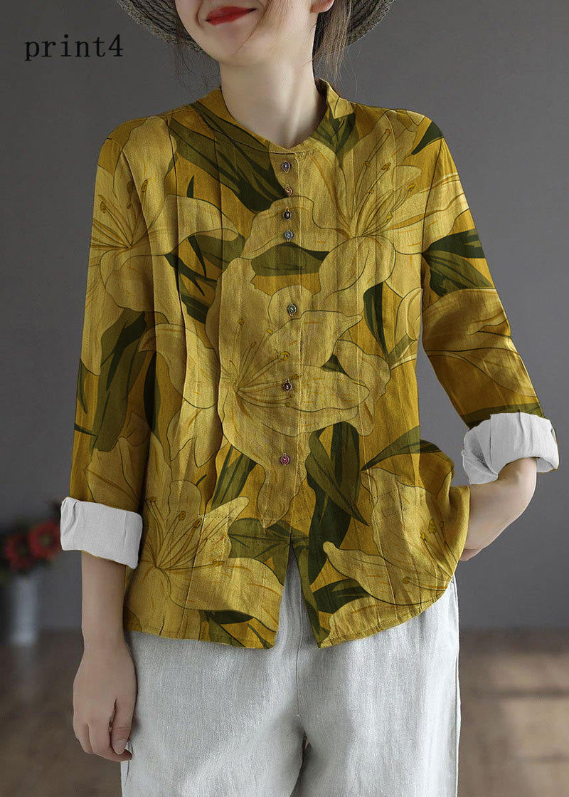 Yellow-floral1 Button Fall Top Long Sleeve Linen
