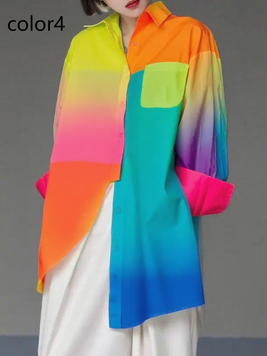 Unique Gradient Color3 Asymmetrical Design Side Open Cotton Long Shirts Spring