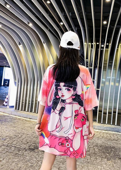 Loose Pink Character Print Clothes O Neck Dresses