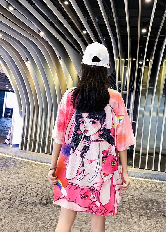 Loose Pink Character Print Clothes O Neck Dresses