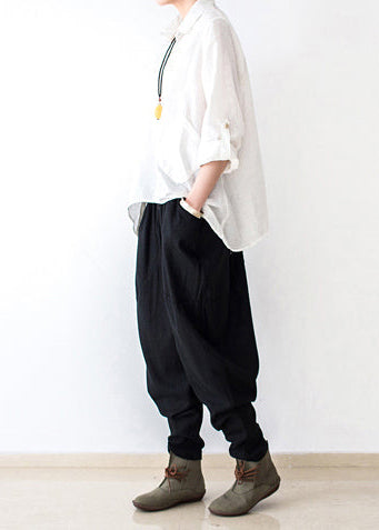 Black Stylish Linen Pants Cotton Pants Loose Bottoms Original Design