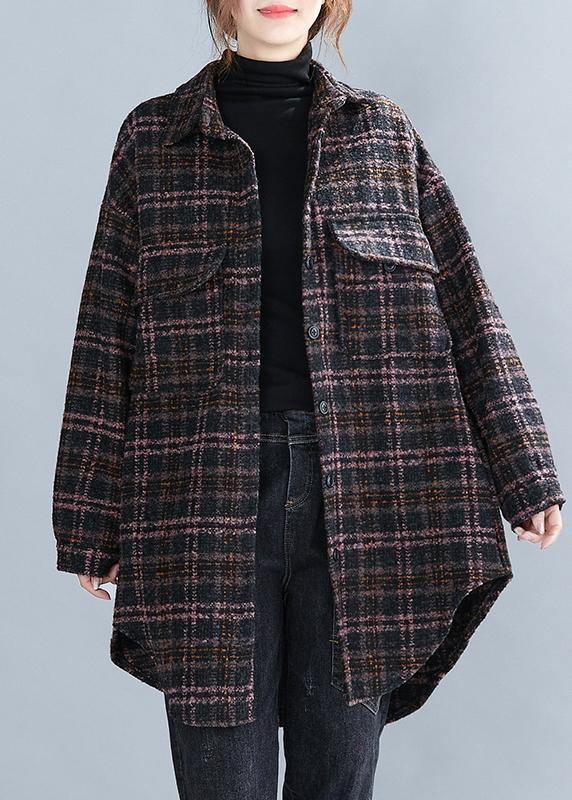 Art Lapel Pockets Coats Blouses Pink Plaid Daily Outwear