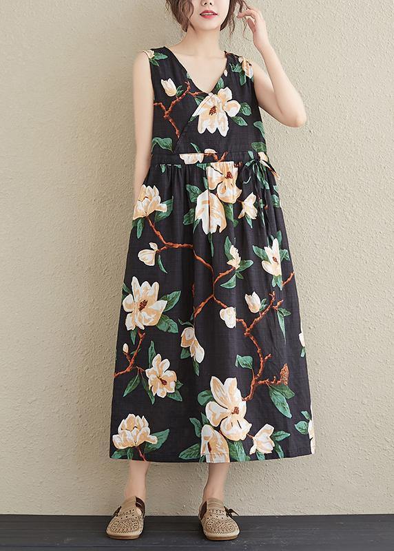 Simple V Neck Drawstring Quilting Dresses Black Print Robes Dresses