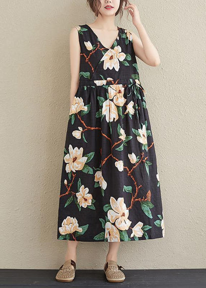 Simple V Neck Drawstring Quilting Dresses Black Print Robes Dresses