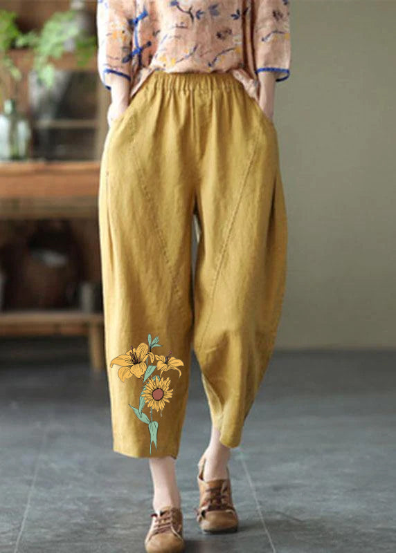 Natural White Polka Dots Elastic Waist Summer Linen Harem Pants