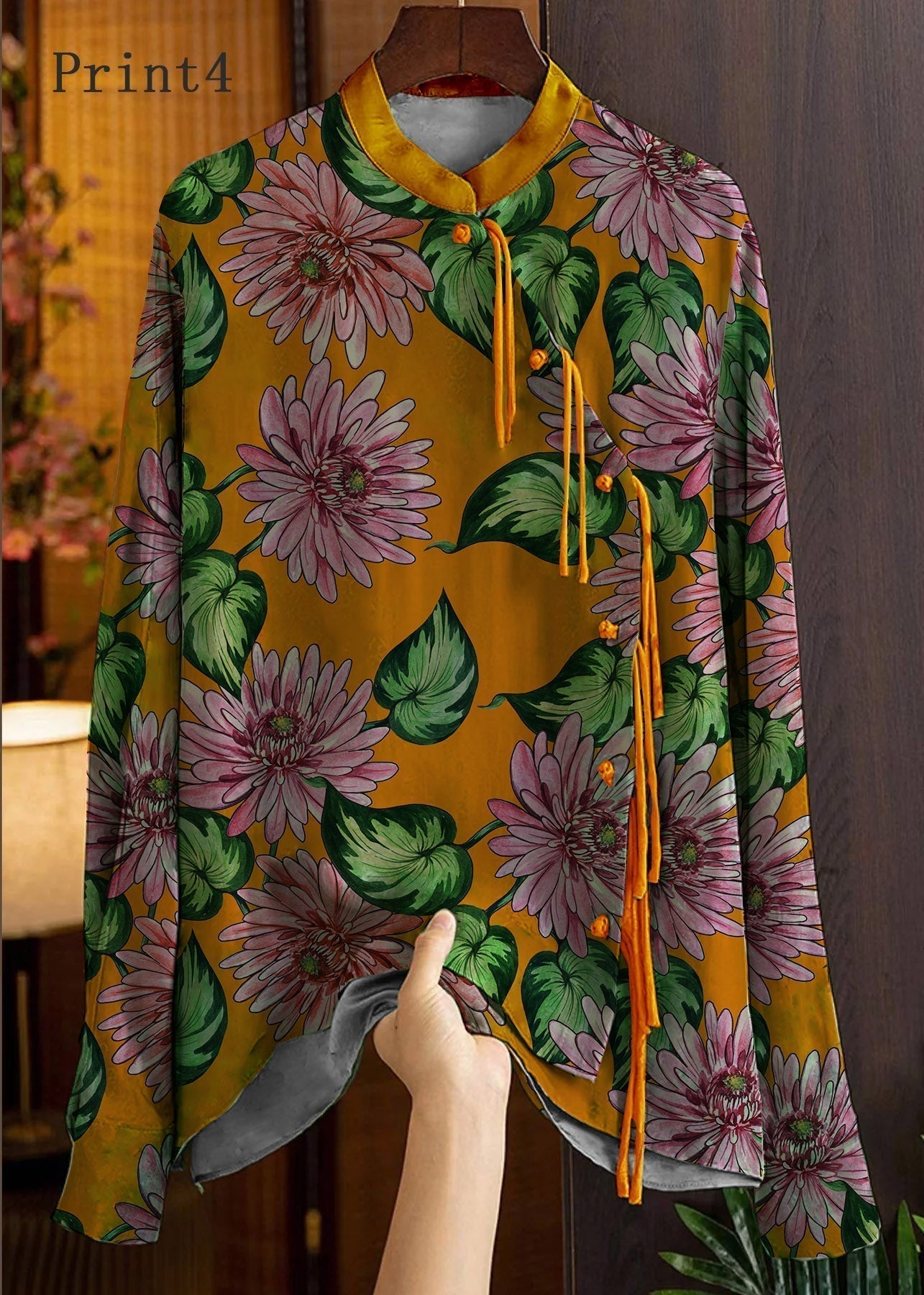 Beautiful Green-Print3 Mandarin Collar Button Print Silk Shirt Top Spring