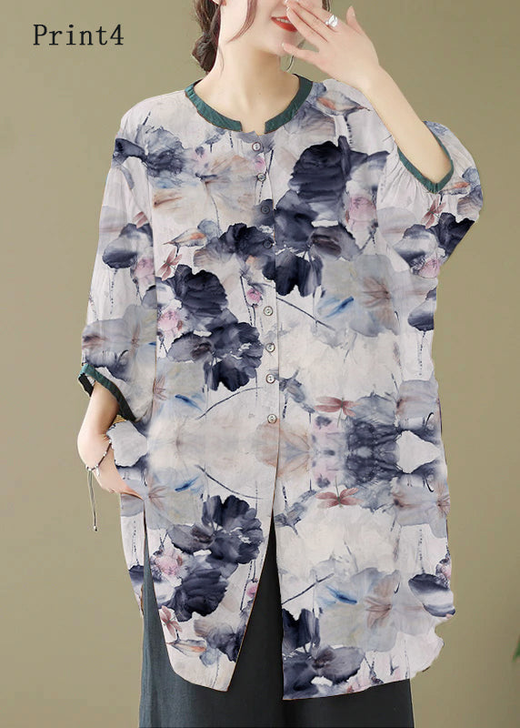 Khaki Print Linen Shirt Dresses O-neck Oversized Lantern Sleeve