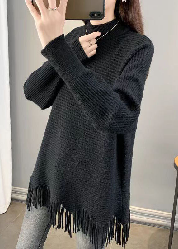 Art Chocolate Tasseled Asymmetrical Design Loose Fall Knit Dress