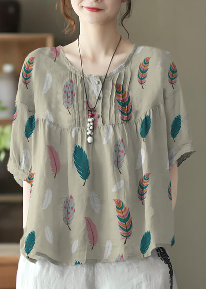 Purple Flowers Grey Button Linen Tops Half Sleeve