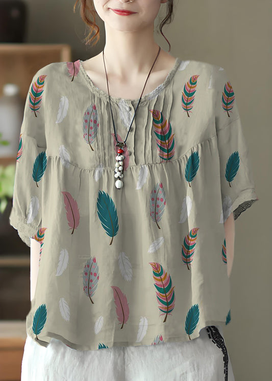 Khaki Feathers Grey Button Linen Tops Half Sleeve