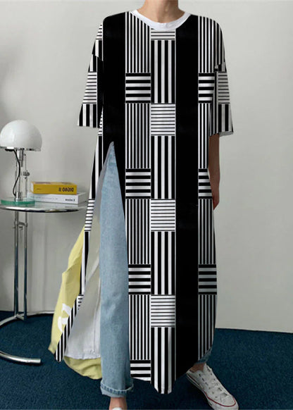 White Geometry O-neck Cotton Long T Shirt Half Sleeve