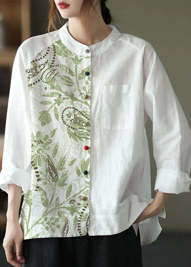 Modern Gray Crane Loose Patchwork Pockets Fall Long Sleeve Blouse Top