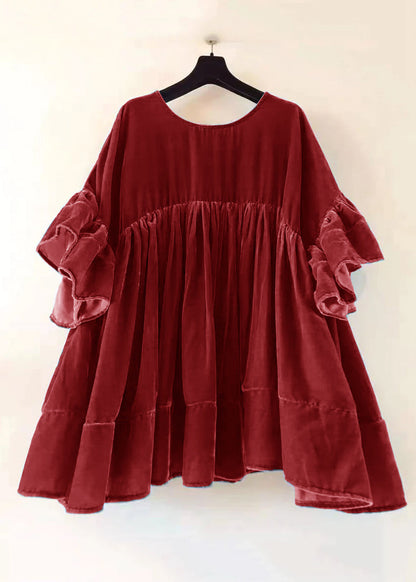 Brown Wrinkled Patchwork Velour Short Dress Butterfly Sleeve
